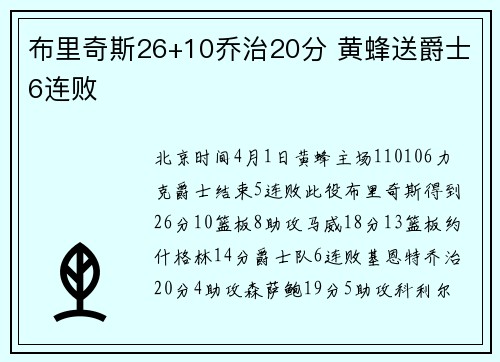 布里奇斯26+10乔治20分 黄蜂送爵士6连败