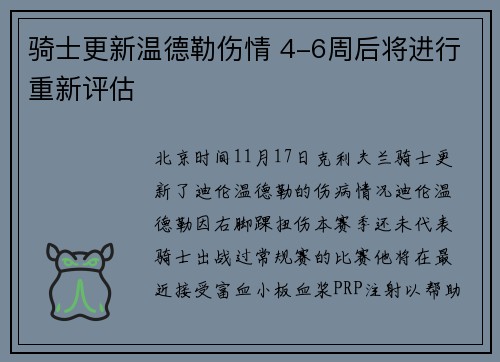 骑士更新温德勒伤情 4-6周后将进行重新评估